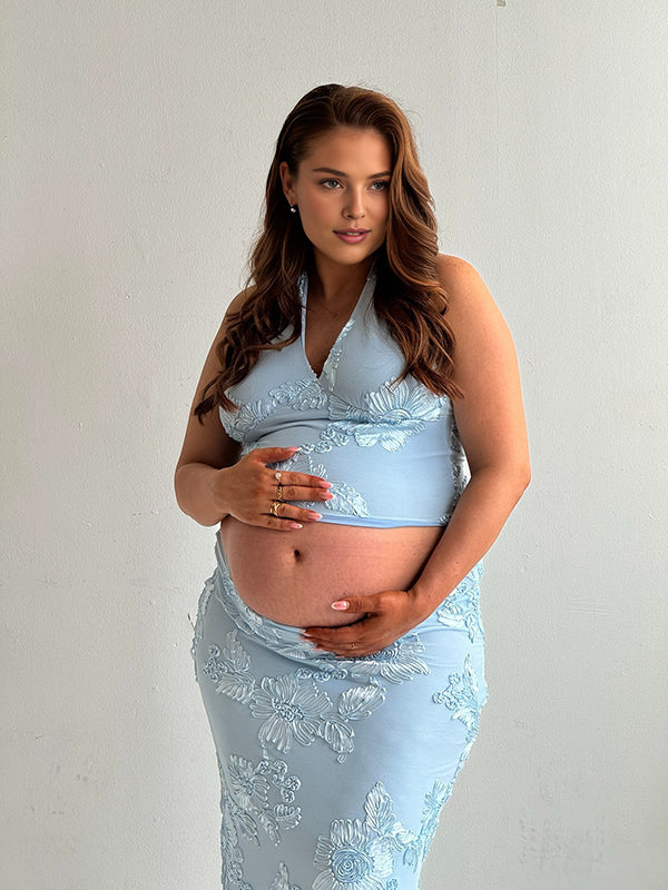 Mumsmode Zwangerschaps Maxi Cocktailjurk Chique Ceremonie 2-in-1 Borduursel Rugloos Bodycon