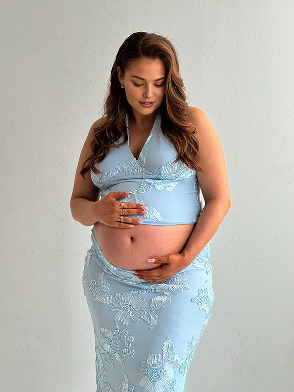 Mumsmode Zwangerschaps Maxi Cocktailjurk Chique Ceremonie 2-in-1 Borduursel Rugloos Bodycon