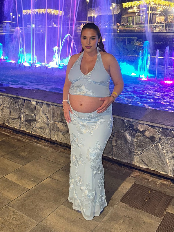 Mumsmode Zwangerschaps Maxi Cocktailjurk Chique Ceremonie 2-in-1 Borduursel Rugloos Bodycon