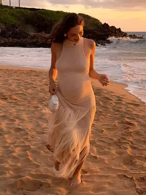 Mumsmode Zwangerschaps Maxi Bodycon Jurk Chique Vakantie Gebreide Kwasten Onregelmatig Fotoshoot