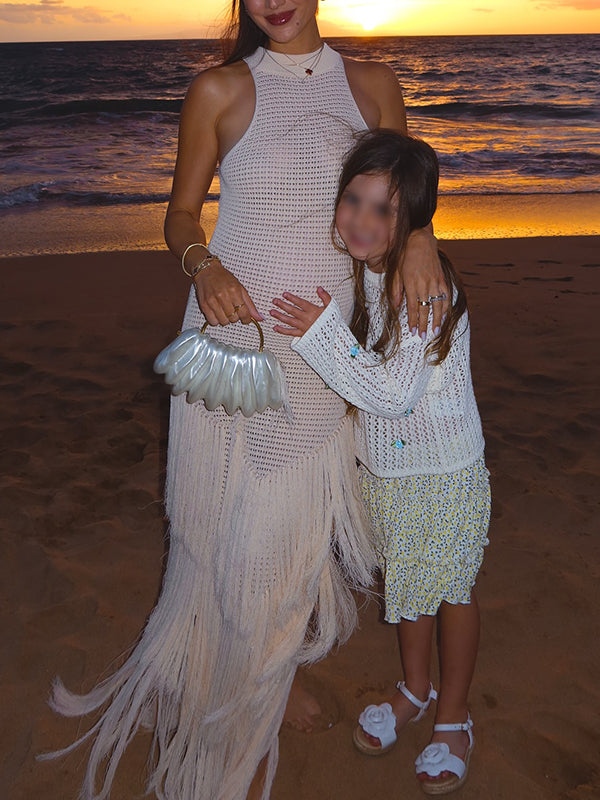 Mumsmode Zwangerschaps Maxi Bodycon Jurk Chique Vakantie Gebreide Kwasten Onregelmatig Fotoshoot