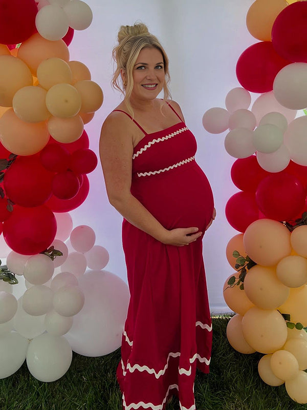 Mumsmode Zwangerschaps Maxi BabyShower Jurk Chique Contrasterende Kleuren Golvende Rand Spaghetti Trapeze