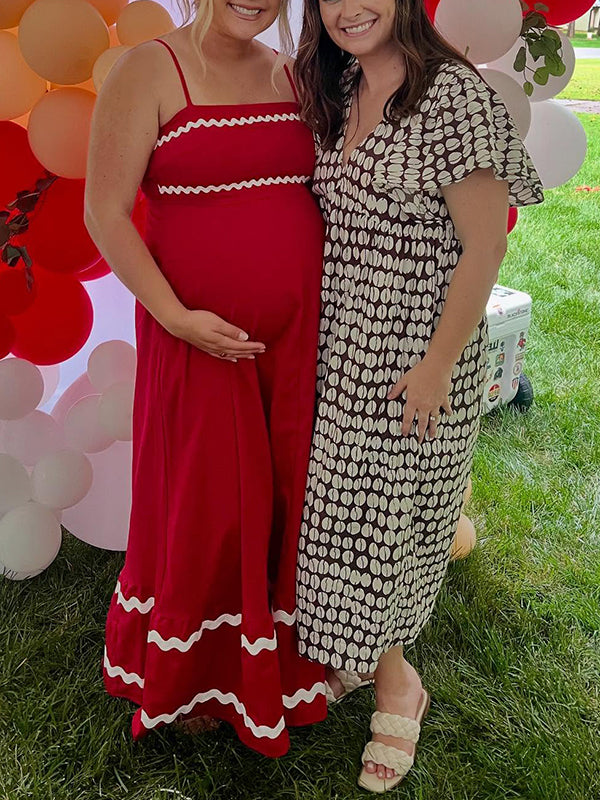 Mumsmode Zwangerschaps Maxi BabyShower Jurk Chique Contrasterende Kleuren Golvende Rand Spaghetti Trapeze