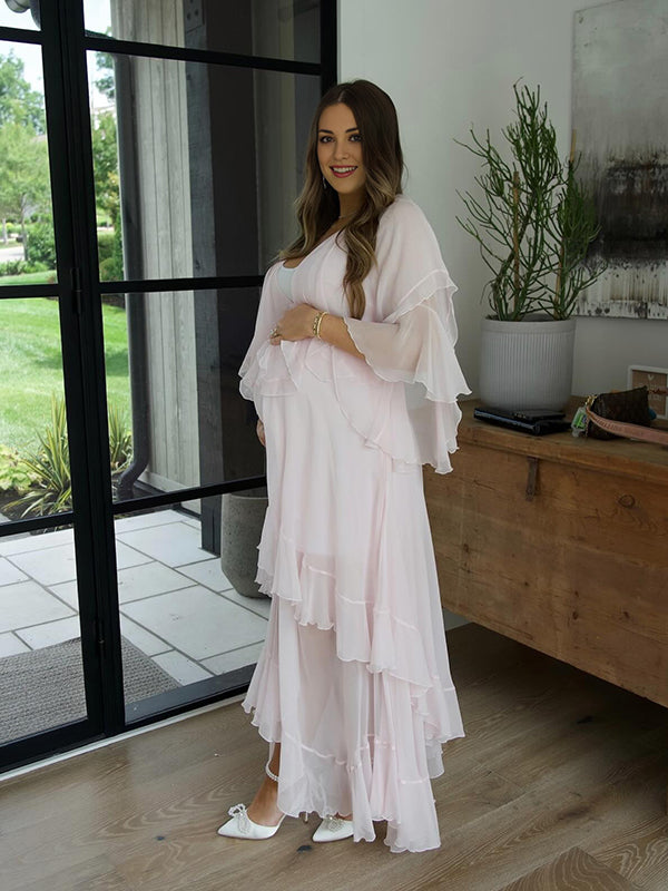 Mumsmode Zwangerschaps Maxi BabyShower Jurk Chique Meerlaags Ruches Gedrapeerd Rugloos