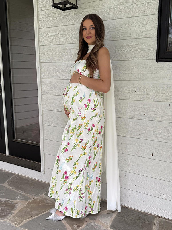 Mumsmode Zwangerschaps Maxi BabyShower Jurk Chique Bloemenprint Trapeze Gedrapeerd Bandeau