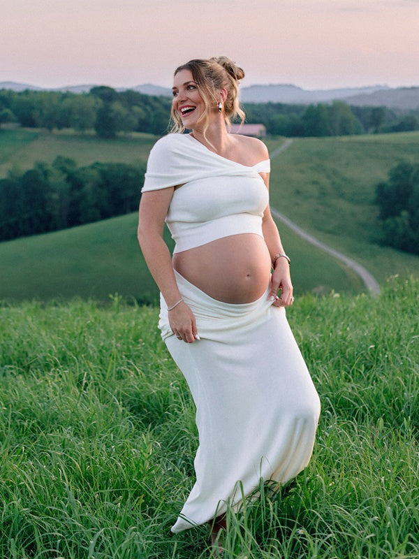 Mumsmode Zwangerschaps Maxi Fotoshoot Jurk Chique 2-in-1 Onregelmatig Gekreukt