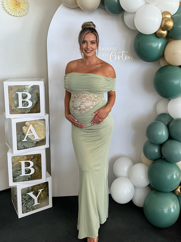 Mumsmode Zwangerschaps Maxi BabyShower Jurk Chique Kanten Patchwork Off Shoulder Zeemeermin