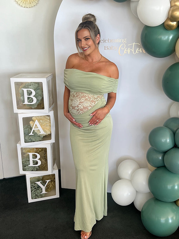 Mumsmode Zwangerschaps Maxi BabyShower Jurk Chique Kanten Patchwork Off Shoulder Zeemeermin