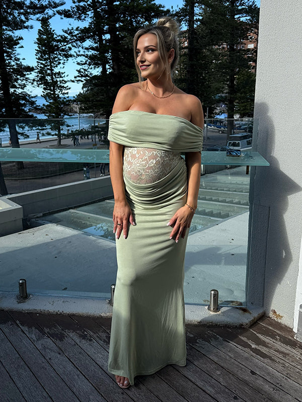 Mumsmode Zwangerschaps Maxi BabyShower Jurk Chique Kanten Patchwork Off Shoulder Zeemeermin