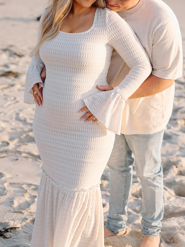 Mumsmode Zwangerschaps Maxi Fotoshoot Jurk Vakantie Ruches Patchwork Zeemeermin Bodycon