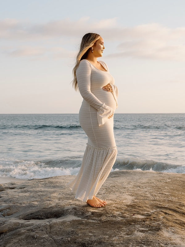 Mumsmode Zwangerschaps Maxi Fotoshoot Jurk Vakantie Ruches Patchwork Zeemeermin Bodycon