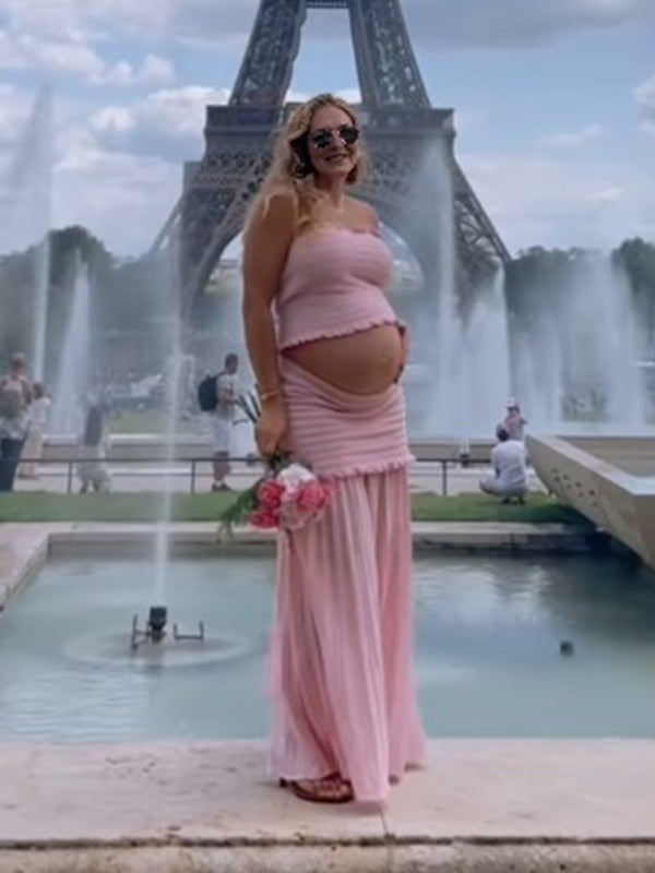 Mumsmode Zwangerschaps Maxi Fotoshoot Jurk Vakantie Patchwork Ruches Geplooid 2-in-1 Rokken Buistop