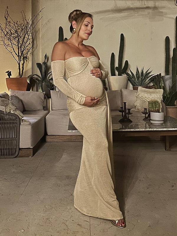 Mumsmode Zwangerschaps Maxi Speciale Gelegenheden Jurk Chique Off Shoulder Gekreukt Gedrapeerd aan de zijkant Bodycon