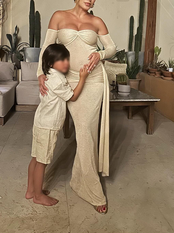 Mumsmode Zwangerschaps Maxi Speciale Gelegenheden Jurk Chique Off Shoulder Gekreukt Gedrapeerd aan de zijkant Bodycon