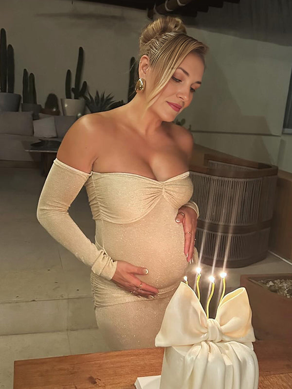 Mumsmode Zwangerschaps Maxi Speciale Gelegenheden Jurk Chique Off Shoulder Gekreukt Gedrapeerd aan de zijkant Bodycon