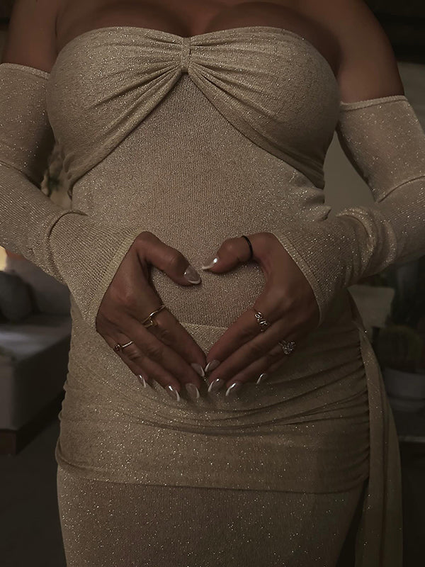 Mumsmode Zwangerschaps Maxi Speciale Gelegenheden Jurk Chique Off Shoulder Gekreukt Gedrapeerd aan de zijkant Bodycon