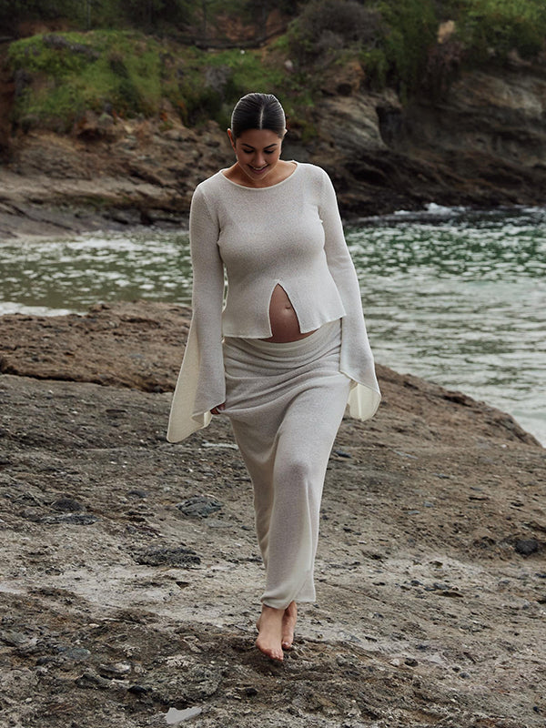 Mumsmode Zwangerschaps Maxi Fotoshoot Jurk Vakantie 2-in-1 Gebreide Zijsplit Bodycon Flare Mouw