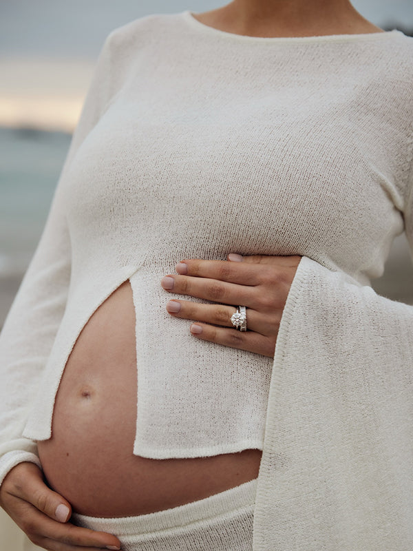 Mumsmode Zwangerschaps Maxi Fotoshoot Jurk Vakantie 2-in-1 Gebreide Zijsplit Bodycon Flare Mouw