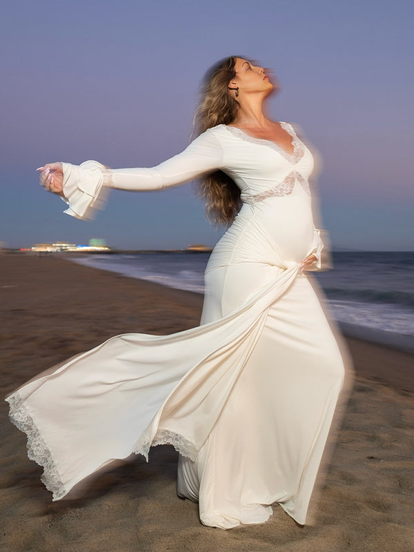 Mumsmode Zwangerschaps Maxi Fotoshoot Jurk Chique Kanten Ruches Knooppunt Gedrapeerd aan de zijkant Flare Mouw