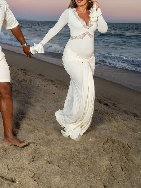 Mumsmode Zwangerschaps Maxi Fotoshoot Jurk Chique Kanten Ruches Knooppunt Gedrapeerd aan de zijkant Flare Mouw
