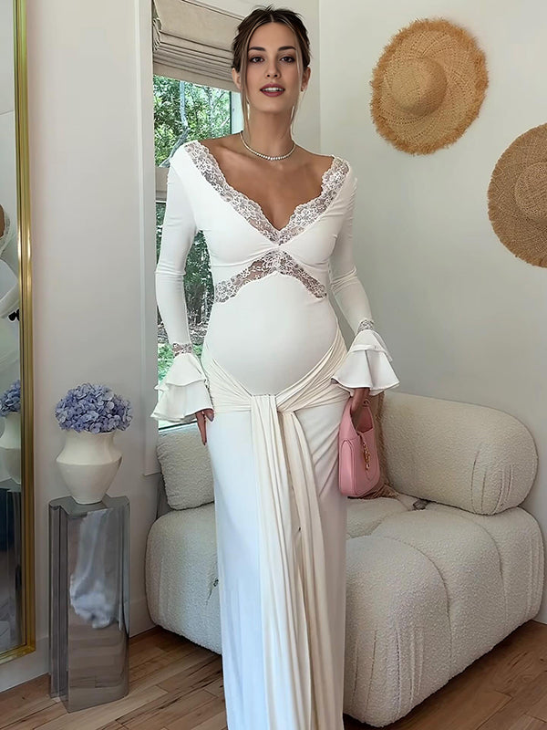 Mumsmode Zwangerschaps Maxi Fotoshoot Jurk Chique Kanten Ruches Knooppunt Gedrapeerd aan de zijkant Flare Mouw