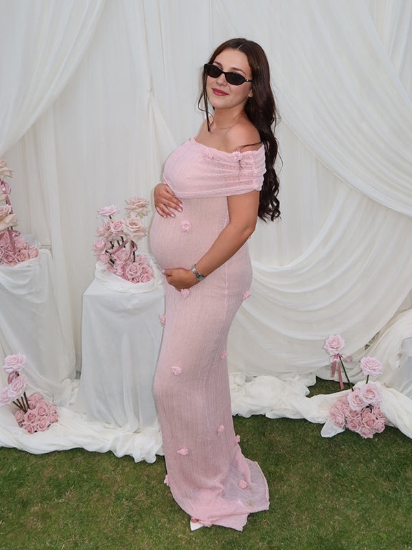 Mumsmode Zwangerschaps Maxi BabyShower Jurk Chique Off Shoulder Tule 3D Bloemen Bodycon