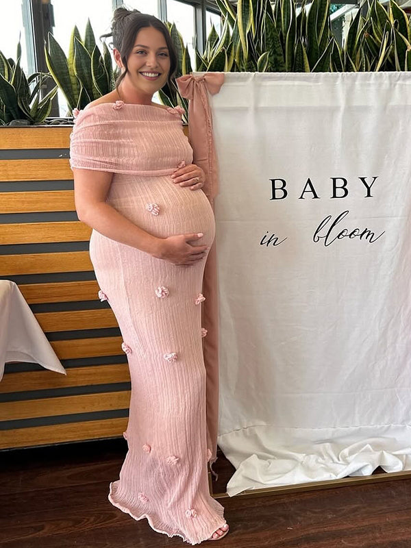 Mumsmode Zwangerschaps Maxi BabyShower Jurk Chique Off Shoulder Tule 3D Bloemen Bodycon