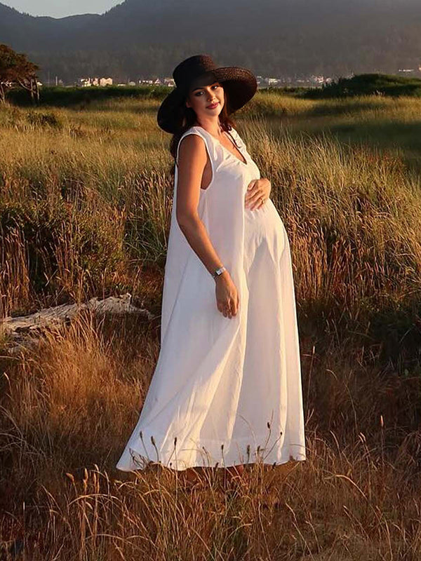 Mumsmode Zwangerschaps Maxi Fotoshoot Jurk Vakantie Trapeze Gedrapeerd Zakken Boheems
