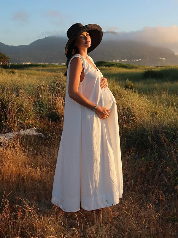 Mumsmode Zwangerschaps Maxi Fotoshoot Jurk Vakantie Trapeze Gedrapeerd Zakken Boheems