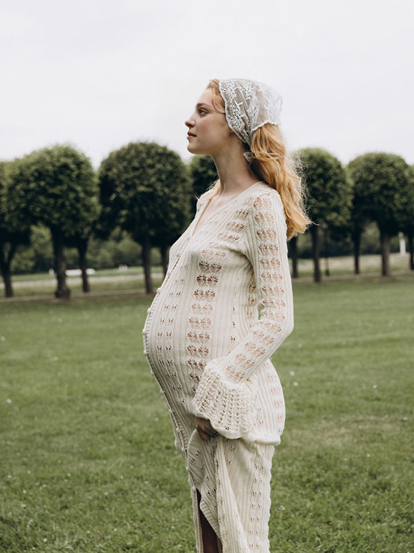 Mumsmode Zwangerschaps Maxi Fotoshoot Jurk Gebreide Enkele Borst Uithollen Ruches Chique