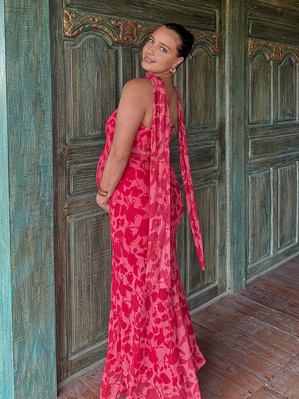Mumsmode Zwangerschaps Maxi Jurk Chique Bloemenprint Zeemeermin Lintje Bandeau Cocktail