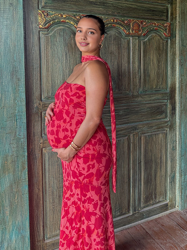 Mumsmode Zwangerschaps Maxi Jurk Chique Bloemenprint Zeemeermin Lintje Bandeau Cocktail