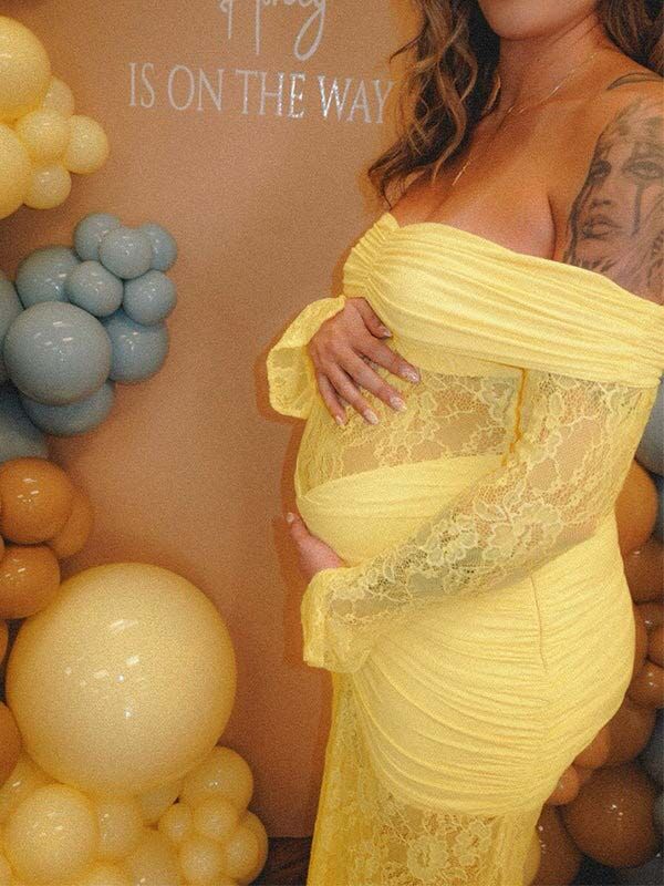 Mumsmode Zwangerschaps Maxi BabyShower Jurk Chique Kanten Patchwork Zeemeermin Off Shoulder Gekreukt