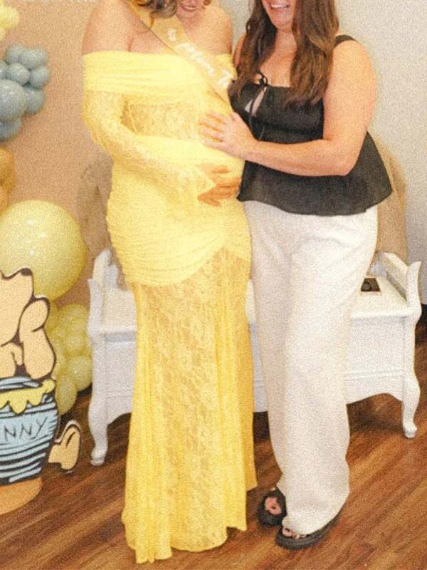 Mumsmode Zwangerschaps Maxi BabyShower Jurk Chique Kanten Patchwork Zeemeermin Off Shoulder Gekreukt