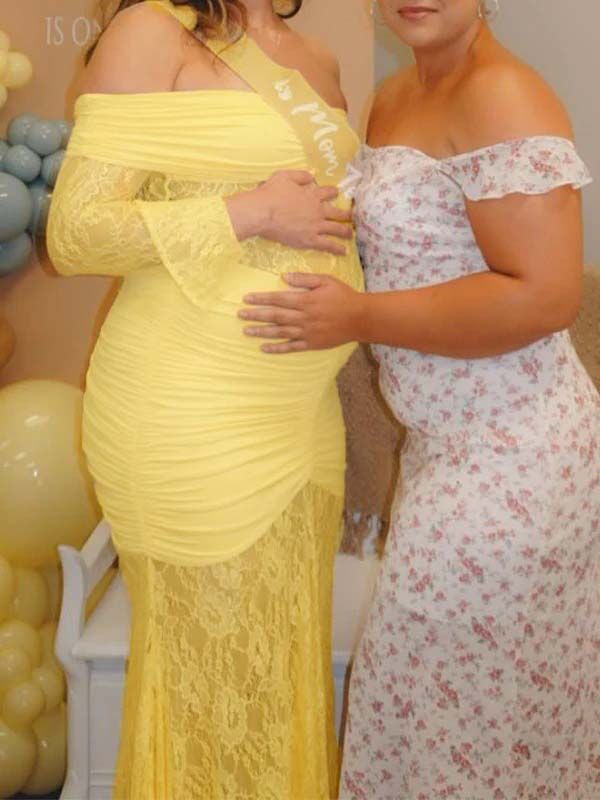 Mumsmode Zwangerschaps Maxi BabyShower Jurk Chique Kanten Patchwork Zeemeermin Off Shoulder Gekreukt