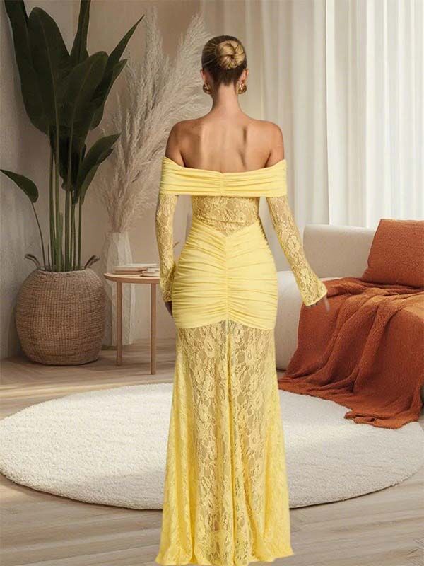 Mumsmode Zwangerschaps Maxi BabyShower Jurk Chique Kanten Patchwork Zeemeermin Off Shoulder Gekreukt