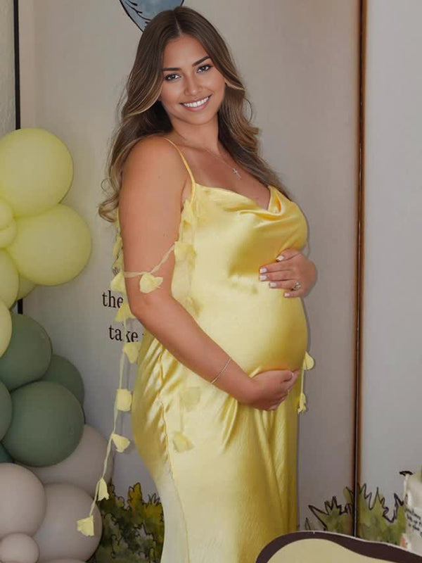 Mumsmode Zwangerschaps Maxi BabyShower Jurk Chique 3D Bloemen Lintje Spaghetti Satijn