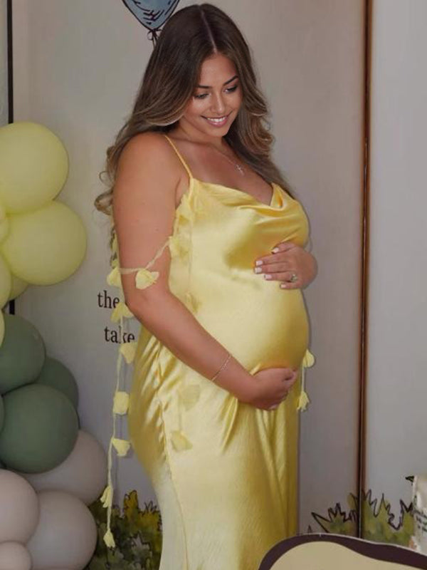 Mumsmode Zwangerschaps Maxi BabyShower Jurk Chique 3D Bloemen Lintje Spaghetti Satijn