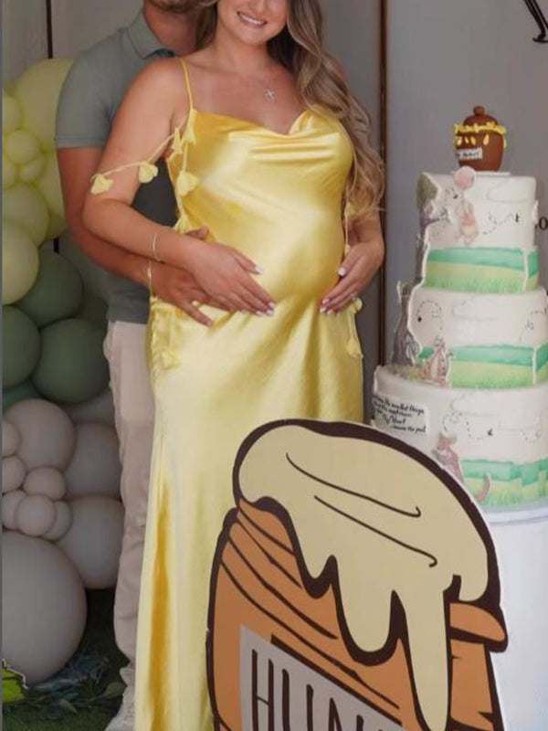 Mumsmode Zwangerschaps Maxi BabyShower Jurk Chique 3D Bloemen Lintje Spaghetti Satijn