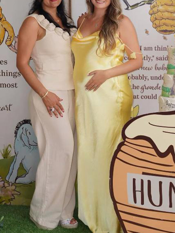 Mumsmode Zwangerschaps Maxi BabyShower Jurk Chique 3D Bloemen Lintje Spaghetti Satijn