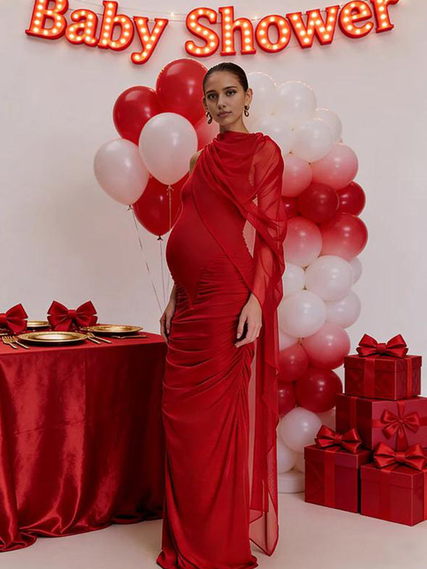 Mumsmode Zwangerschaps Maxi Babyshower Jurk Elegant Cocktail Tule Gekreukt Zijdelings Gedrapeerd
