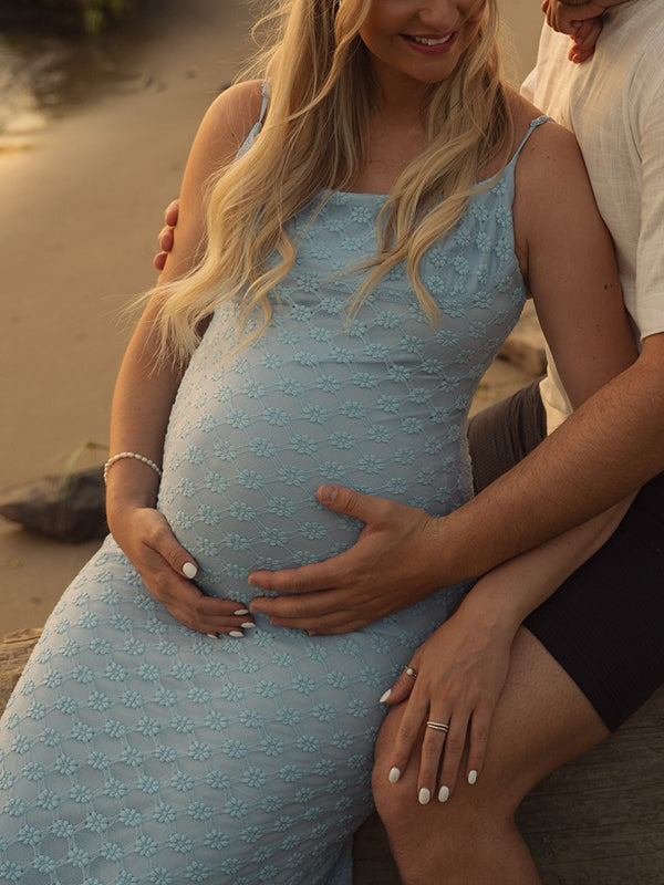 Mumsmode Zwangerschaps Maxi BabyShower Jurk Chique Bloemenprint Spaghetti Bodycon Fotoshoot