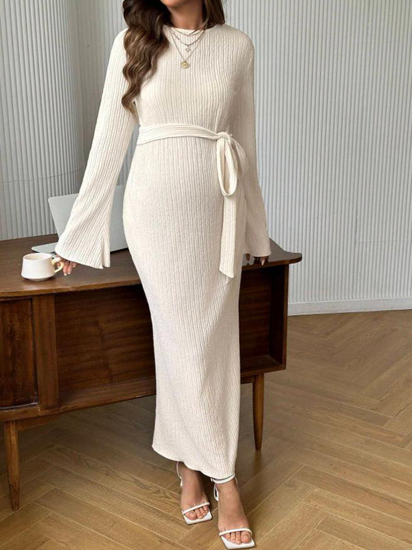 Mumsmode Zwangerschaps Maxi Daily Jurk Chique Dagelijks Riem Gestreept Bodycon Flare Mouw