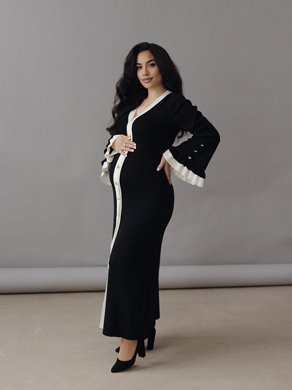 Mumsmode Zwangerschaps Maxi Fotoshoot Jurk Chique Ruches Enkele Borst Zijsplit