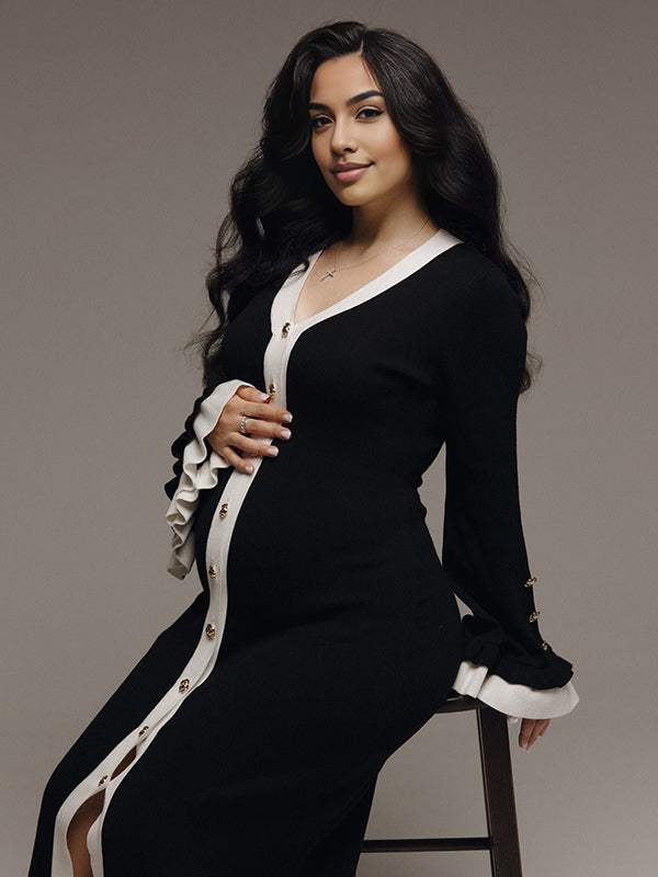 Mumsmode Zwangerschaps Maxi Fotoshoot Jurk Chique Ruches Enkele Borst Zijsplit