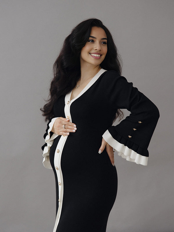 Mumsmode Zwangerschaps Maxi Fotoshoot Jurk Chique Ruches Enkele Borst Zijsplit