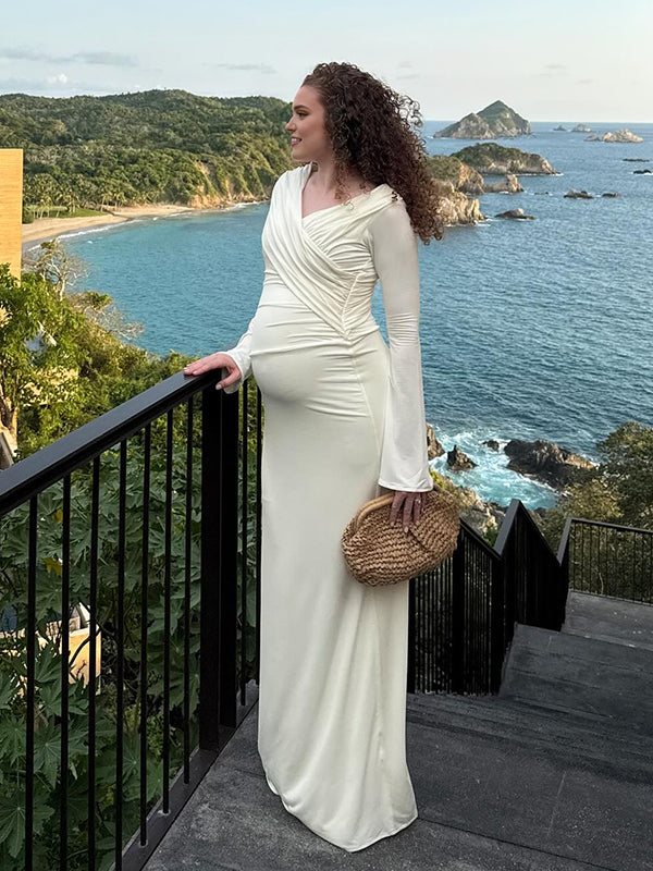Mumsmode Zwangerschaps Maxi Cocktailjurk Elegant Chique Patchwork Gekreukt Bodycon Fotoshoot