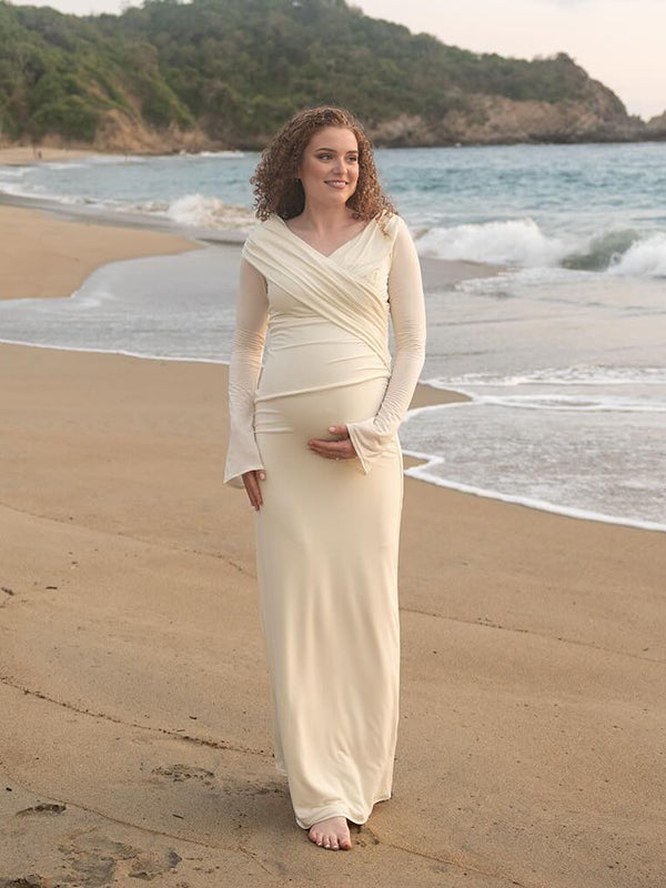 Mumsmode Zwangerschaps Maxi Cocktailjurk Elegant Chique Patchwork Gekreukt Bodycon Fotoshoot