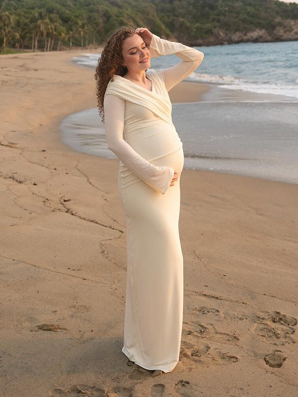 Mumsmode Zwangerschaps Maxi Cocktailjurk Elegant Chique Patchwork Gekreukt Bodycon Fotoshoot