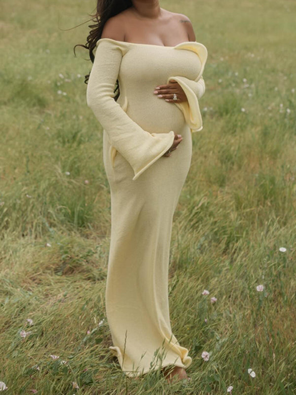 Mumsmode Zwangerschaps Maxi Cocktailjurk Elegant Chique Off Shoulder Ruches Bodycon Fotoshoot
